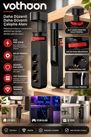 Masa Tipi PD20W Akım Korumalı 3'lü Priz 2xusb 1xtype-C Girişli Kablolu Priz FTR19