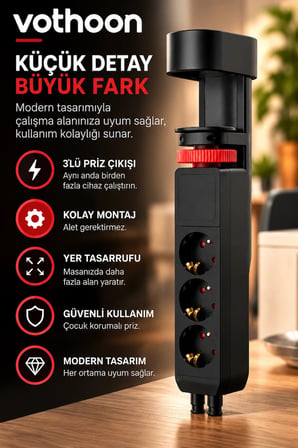 Masa Tipi PD20W Akım Korumalı 3'lü Priz 2xusb 1xtype-C Girişli Kablolu Priz FTR19