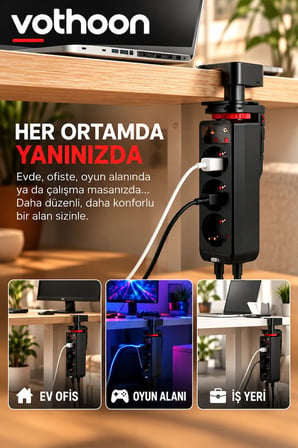 Masa Tipi PD20W Akım Korumalı 3'lü Priz 2xusb 1xtype-C Girişli Kablolu Priz FTR19