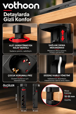 Masa Tipi PD20W Akım Korumalı 3'lü Priz 2xusb 1xtype-C Girişli Kablolu Priz FTR19