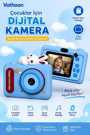 Mini Çocuk Kamerası 2 İnç Ekranlı Fotoğraf Video Çekimli Şarjlı Silikon Korumalı Dijital Kamera