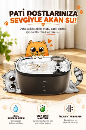 Otomatik Filtreli Kedi Köpek Su Pınarı Su Çeşmesi Ultra Sessiz Su Şelalesi 2,5Lt