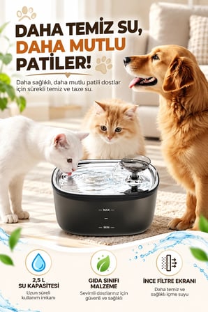 Otomatik Filtreli Kedi Köpek Su Pınarı Su Çeşmesi Ultra Sessiz Su Şelalesi 2,5Lt