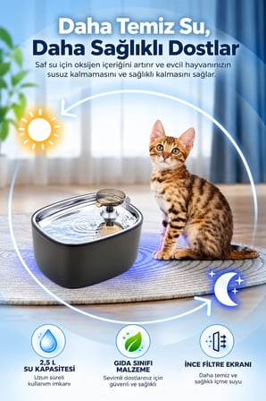 Otomatik Filtreli Kedi Köpek Su Pınarı Su Çeşmesi Ultra Sessiz Su Şelalesi 2,5Lt