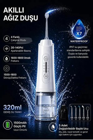 Şarjlı Ağız Duşu Diş Bakım Cihazı 4 Modlu Diş Arası Temizleyici 320ML 5 Başlıklı 1500 mAh Kablosuz