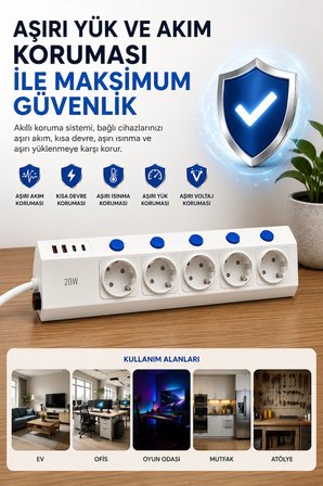 5'li Akım Korumalı Çoklu Priz 2 Metre Kablolu 3680W 16A 5 Anahtarlı 2USB-A 2 USB-C PD 20W Hızlı Ftr-28