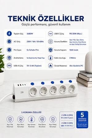 5'li Akım Korumalı Çoklu Priz 2 Metre Kablolu 3680W 16A 5 Anahtarlı 2USB-A 2 USB-C PD 20W Hızlı Ftr-28