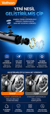 5 Metre Çift Kameralı iOS/Android Uyumlu Yılan Endoskop Kamera 8mm 2MP LED'li Sert Kablo