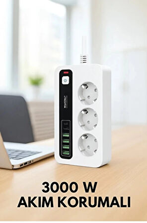 P10 3X Priz 3000W Akım Korumalı 4X Usb 2X Type-c Girişli Çoklu Priz