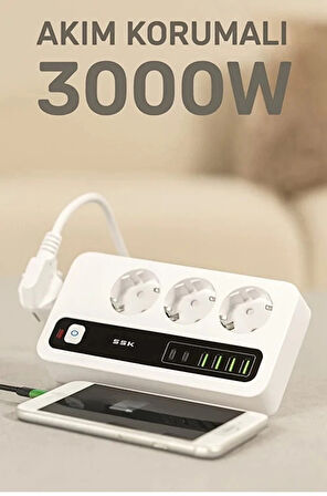 P10 3X Priz 3000W Akım Korumalı 4X Usb 2X Type-c Girişli Çoklu Priz