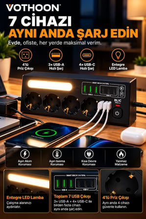 Çoklu Gece Lambalı Üçgen Priz Akım Korumalı 4'LÜ Priz 3XUSB 3XType-C Çıkışlı Grup Priz Siyah