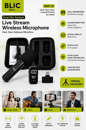 Profesyonel Kablosuz Yaka Mikrofonu Çiftli Vlog Canlı Yayın Röportaj Mikrofonu BWC-10