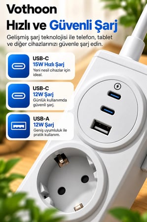 Vothoon 4’lü Akıllı Priz Tek Dokunuşla Fiş Çıkarma 2 Metre Kablo 2 Type-C + USB 15W Hızlı Şarj 3680W Krem