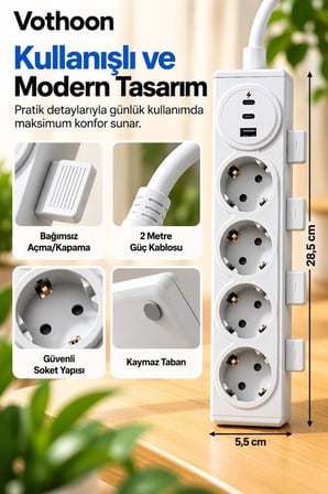 Vothoon 4’lü Akıllı Priz Tek Dokunuşla Fiş Çıkarma 2 Metre Kablo 2 Type-C + USB 15W Hızlı Şarj 3680W Krem