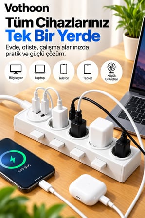 Vothoon 4’lü Akıllı Priz Tek Dokunuşla Fiş Çıkarma 2 Metre Kablo 2 Type-C + USB 15W Hızlı Şarj 3680W Krem