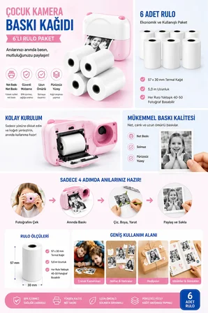 Çocuk Fotoğraf Makinesi Yedek Termal Baskı Kağıdı (6'lı Rulo) – 57x25mm