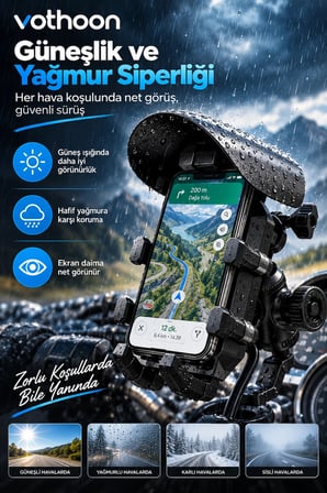 Şarjlı Motosiklet Telefon Tutucu Güneş ve Yağmur Korumalı 15W Kablosuz 360° Döner Gidon ve Ayna Bağlantılı