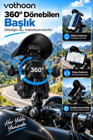 Şarjlı Motosiklet Telefon Tutucu Güneş ve Yağmur Korumalı 15W Kablosuz 360° Döner Gidon ve Ayna Bağlantılı