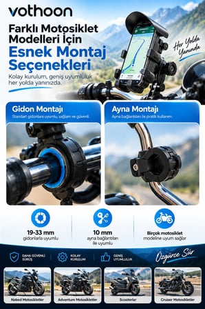 Şarjlı Motosiklet Telefon Tutucu Güneş ve Yağmur Korumalı 15W Kablosuz 360° Döner Gidon ve Ayna Bağlantılı
