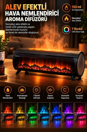 Şömine Görünümlü Hava Nemlendirici 150 ML 7 Renk LED Işıklı Ultrasonik Hava Nemlendirici
