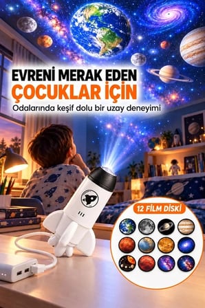 12 Film Diskli Roket Galaksi Projektörü USB Tak Çalıştır Uzay ve Gezegen Projeksiyon Gece Lambası