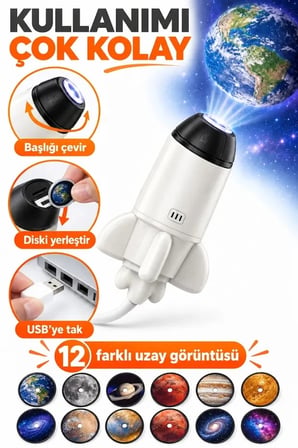 12 Film Diskli Roket Galaksi Projektörü USB Tak Çalıştır Uzay ve Gezegen Projeksiyon Gece Lambası