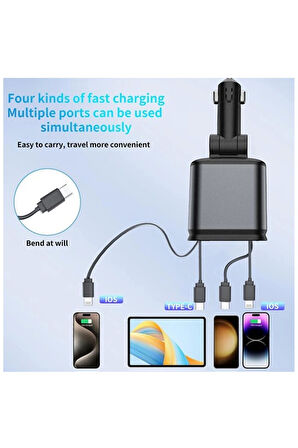 4'ü 1 arada Çift USB Bağlantı Noktalı, Type-C PD Hızlı Şarjlı 66W,Geri Çekilebilir Araç Telefonu Şarj Cihazı