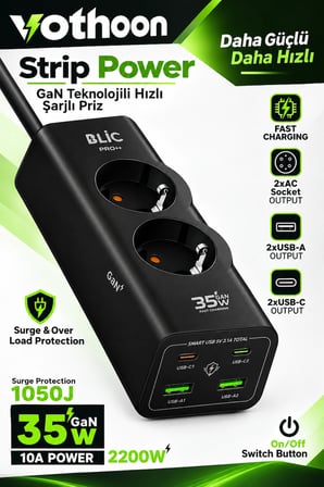 Akım Korumalı  Priz 2 AC Soket  2 USB-A 2 USB-C 35W Hızlı Şarj 1050J Koruma 2 Mt Kablo 2200W