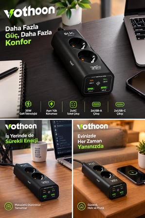 Akım Korumalı  Priz 2 AC Soket  2 USB-A 2 USB-C 35W Hızlı Şarj 1050J Koruma 2 Mt Kablo 2200W