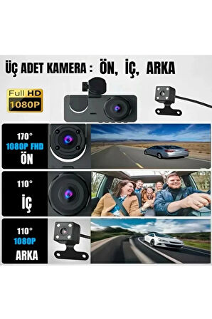Üç Kameralı 1080 Full HD Araç İçi Kamera G-Sensor Özellikli Güvenlik Çözümü Geri Görüşlü