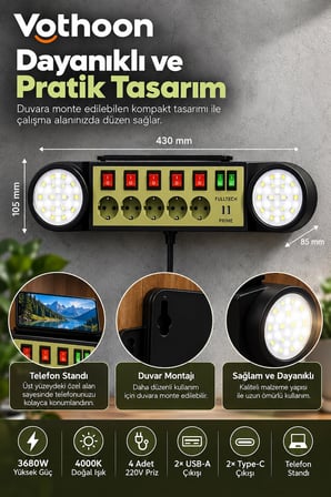 Akıllı Masaüstü Duvar Tipi Akım Korumalı 5'li Priz 3680W LED Işıklı USB-A Type-C Telefon Standlı