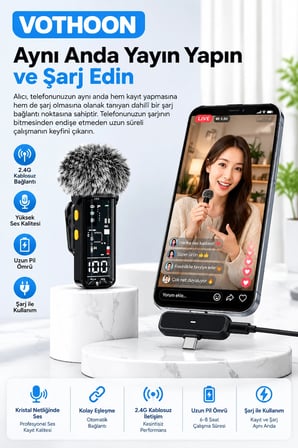 Yüksek Kalite  Kablosuz Yaka Mikrofonu – Type-C Lightning Uyumlu Profesyonel Anc Özellikli