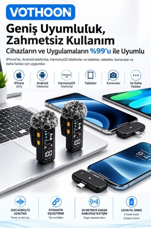 Yüksek Kalite  Kablosuz Yaka Mikrofonu – Type-C Lightning Uyumlu Profesyonel Anc Özellikli