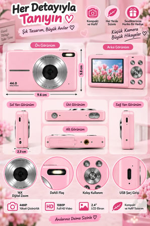 4K Figürlü Çantalı Dijital Video Kamera 44MP 16X Zoom Işıklı Kart Dijital Fotoğraf Makinesi 64gb Hafıza Kart Hediyeli