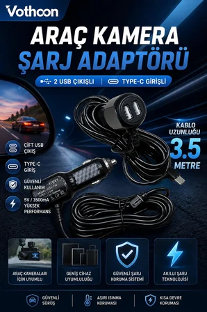 Araç Kamera Şarj Adaptörü 2 Usb'li Type-c Girişli 3.5 Metre Kablo Uzunluğu(Ürün Kamera Değildir)