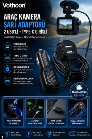 Araç Kamera Şarj Adaptörü 2 Usb'li Type-c Girişli 3.5 Metre Kablo Uzunluğu(Ürün Kamera Değildir)