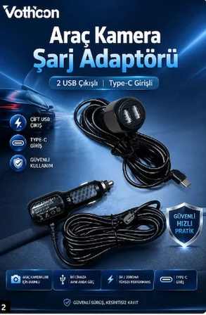 Araç Kamera Şarj Adaptörü 2 Usb'li Type-c Girişli 3.5 Metre Kablo Uzunluğu(Ürün Kamera Değildir)