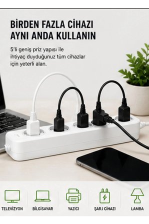 Akım Korumalı 5’li Çoklu Priz 2500W Güçlü Uzun Kablolu Güvenli Kullanım