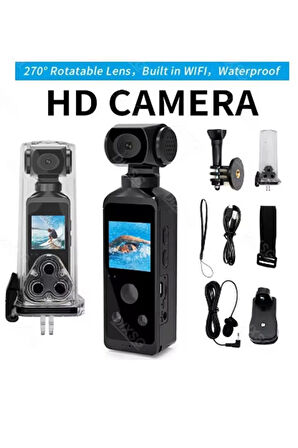 4K Ultra HD Aksiyon Kamerası 270° Geniş Açı Döner Klips Su Geçirmez Kılıf WiFi Kamera