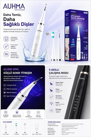Ultrasonic  Şarjlı Elektrikli Akıllı Diş Temizleme Cihazı Beyazlatıcı 5 Mod 3+1 Başlık, IPX8 Su Geçirmez Siyah