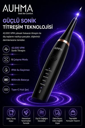 Ultrasonic  Şarjlı Elektrikli Akıllı Diş Temizleme Cihazı Beyazlatıcı 5 Mod 3+1 Başlık, IPX8 Su Geçirmez Siyah