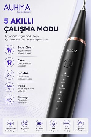 Ultrasonic  Şarjlı Elektrikli Akıllı Diş Temizleme Cihazı Beyazlatıcı 5 Mod 3+1 Başlık, IPX8 Su Geçirmez Siyah