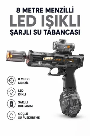 Sarjlı Otomatik Su Tabancası Led Işıklı Geniş Su Hazneli Gerçekçi Geri Tepme Efektli Uzak Menzilli
