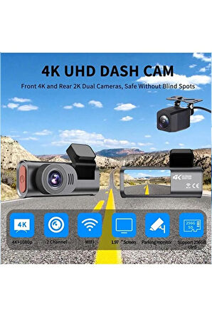 4K WiFi Çift Kameralı Araç Kamerası Gece Görüşlü G-Sensörlü Dash Cam 170 Derece