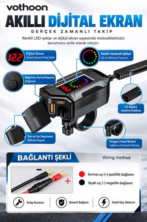 Motosiklet Telefon Tutucu Ayna Ve Gidon Bağlantılı Telefon Şarj Cihazı Geri Sarılabilir Type-C Kablolu Voltaj Göstergeli 30W