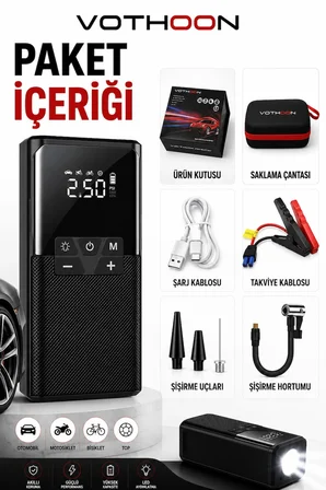 Vothoon12000 mAh Akıllı Akü Takviye ve Dijital Hava Pompası Akım Korumalı