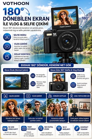5K 75MP 18X Zoom Flaşlı 3” Flip Ekranlı Türkçe 32GB Kart Dijital Vlog Fotoğraf Makinesi Lens Hediyeli