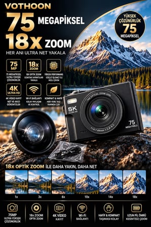 5K 75MP 18X Zoom Flaşlı 3” Flip Ekranlı Türkçe 32GB Kart Dijital Vlog Fotoğraf Makinesi Lens Hediyeli