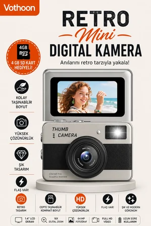 Retro Mini Dijital Kamera 1080P 1.47 İnç Flip Ekranlı Flaşlı Selfie Vlog Kamerası 4GB SD Hediyeli