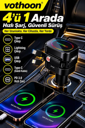 4'ü 1 Arada 66W Araç Şarj Cihazı Çift Kablolu Araç İçi Çakmaklık Hızlı Şarj Cam Kırma Çakmak Özellikli